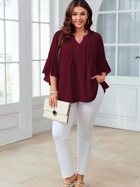 SCOMCHIC NWT Burgundy Ruffle Tulip Sleeve Chiffon Blouse 3XL Plus Size